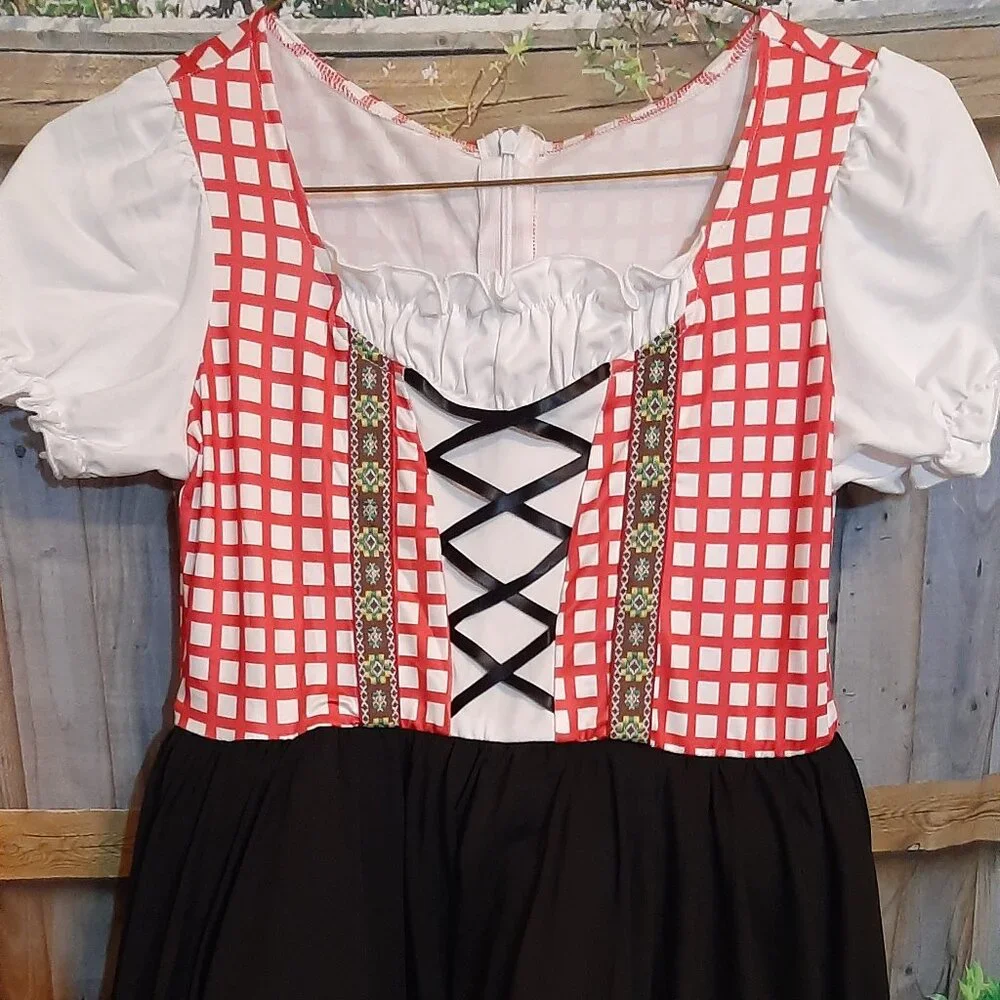Kids Red Plaid Peasant Dress Costume with Black Skirt